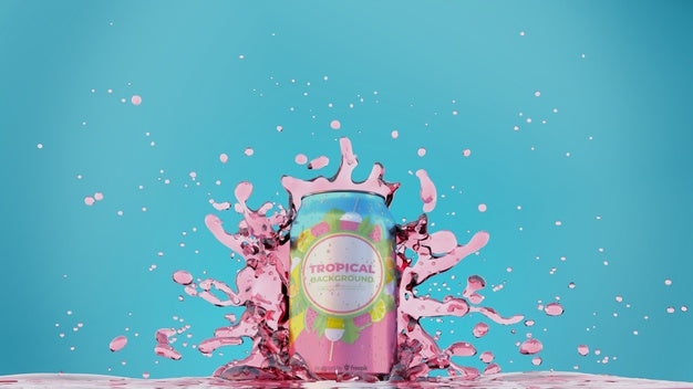 Soda Can With Splashing Juice Psd