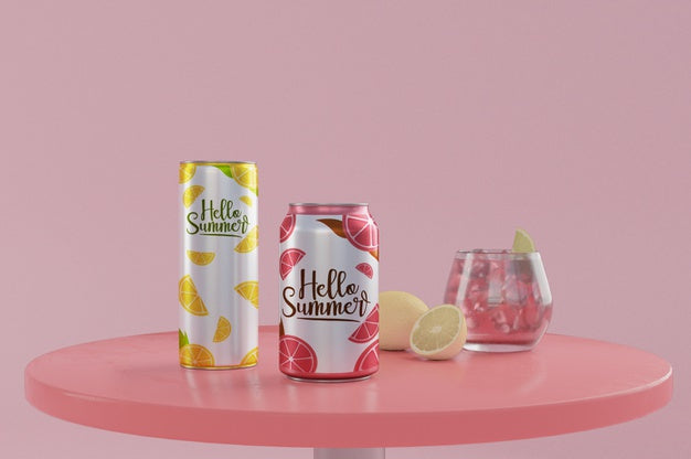 Soda Cans On Table With Pink Background Psd
