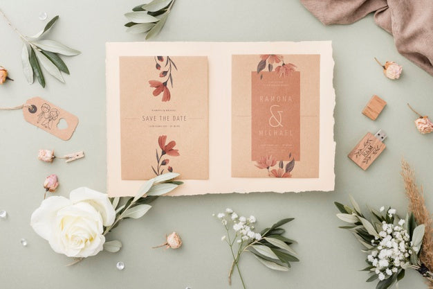 Special Composition Of Wedding Elements With Invitation Mock-Up Psd