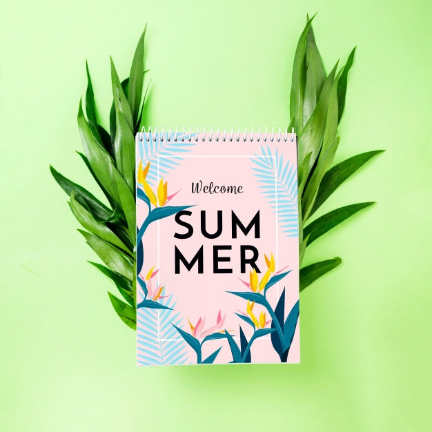 Spiral Notepad Mockup On Tropical Leaves Psd