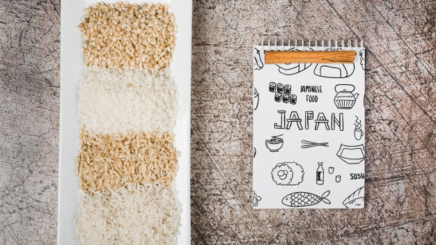 Spiral Notepad Mockup With Japanese Food Mockup Psd