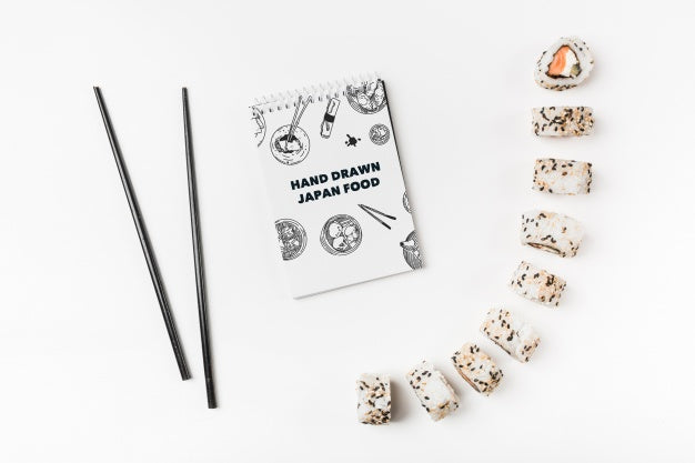 Spiral Notepad Mockup With Japanese Food Mockup Psd