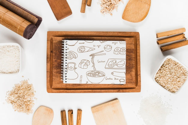 Spiral Notepad Mockup With Japanese Food Mockup Psd