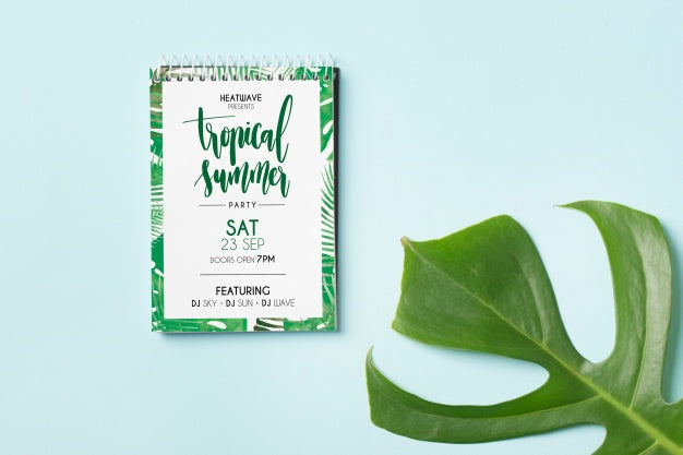 Spiral Notepad Mockup With Palm Leaf Psd