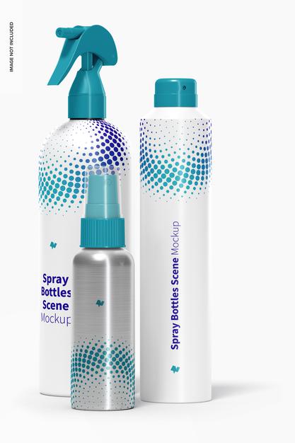 Spray Bottles Scene Mockup, Front View Psd