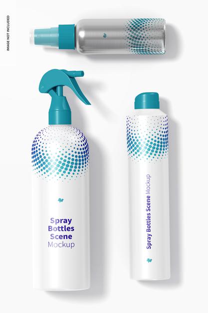 Spray Bottles Scene Mockup, Top View Psd