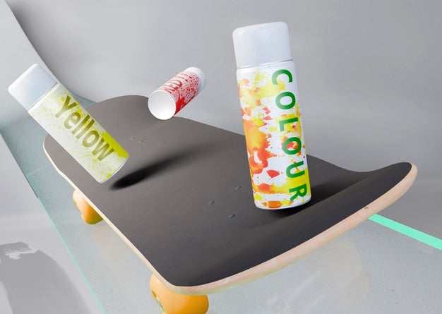 Spray Cans On Top Of Skateboard Psd