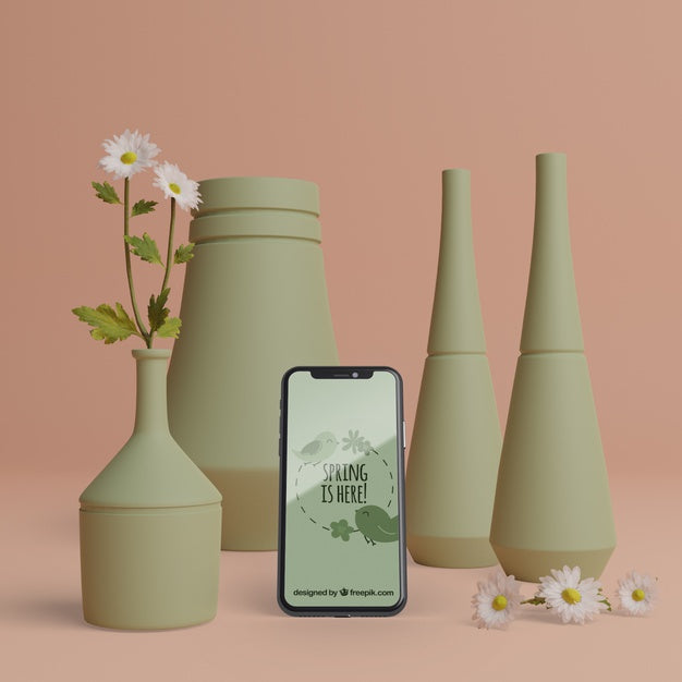Spring 3D Decorations With Mobile And Mock-Up Psd