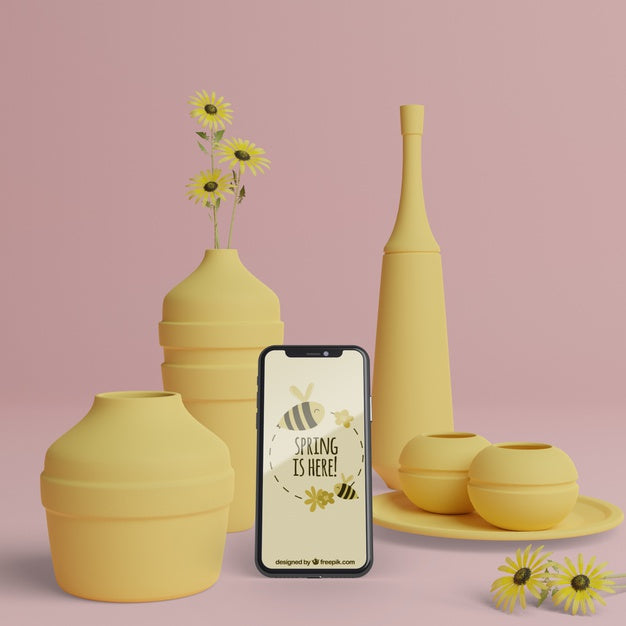 Spring 3D Decorations With Mobile Device Mock-Up Psd