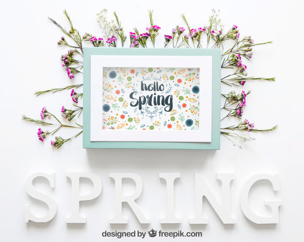 Spring Mockup With Blue Frame Psd