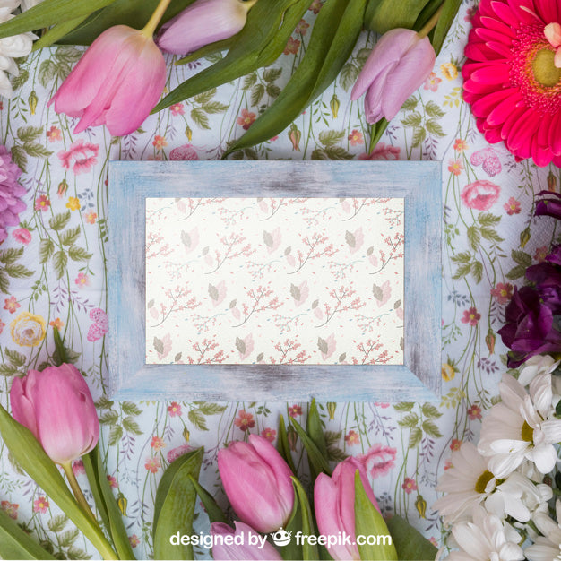 Spring Mockup With Blue Wooden Frame Psd
