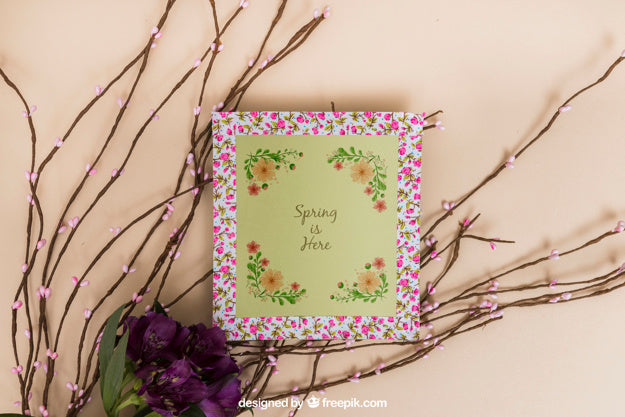 Spring Mockup With Floral Frame Psd