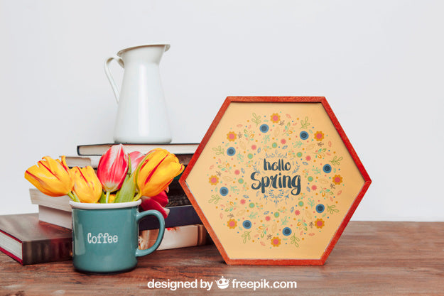 Spring Mockup With Frame And Cup Psd