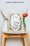 Spring Mockup With Frame And Vase Of Flowers Over Chair Psd