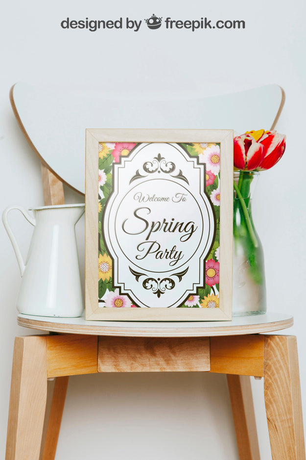 Spring Mockup With Frame And Vase Of Flowers Over Chair Psd