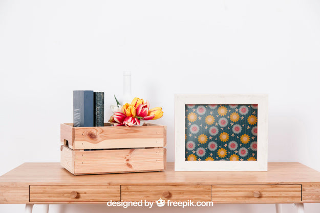 Spring Mockup With Frame And Wooden Box Psd