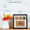 Spring Mockup With Frameset And Vase Of Flowers Psd