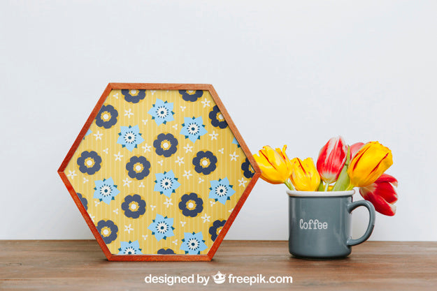 Spring Mockup With Hexagonal Frame Next To Cup Psd