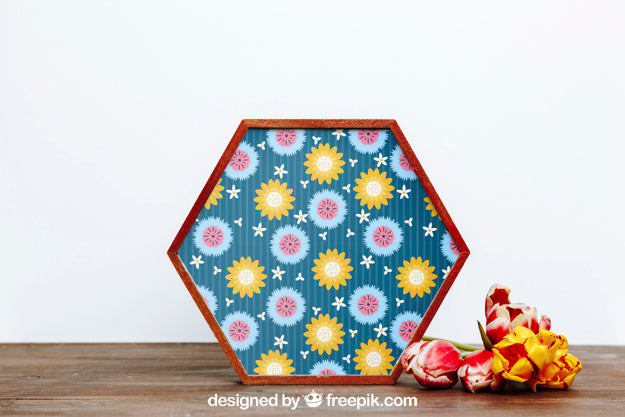 Spring Mockup With Hexagonal Frame Of Flowers Psd
