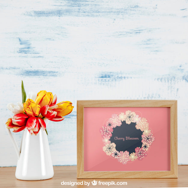 Spring Mockup With Horizontal Frame And White Vase Of Flowers Psd
