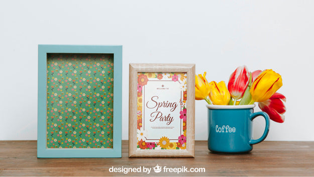 Spring Mockup With Two Frames And Cup Psd