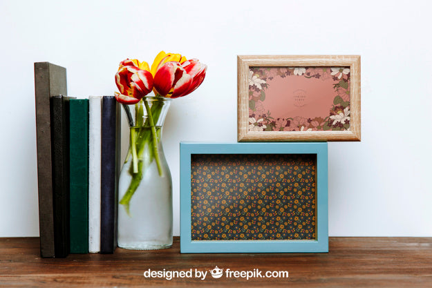 Spring Mockup With Two Frames And Vase Of Flowers Psd