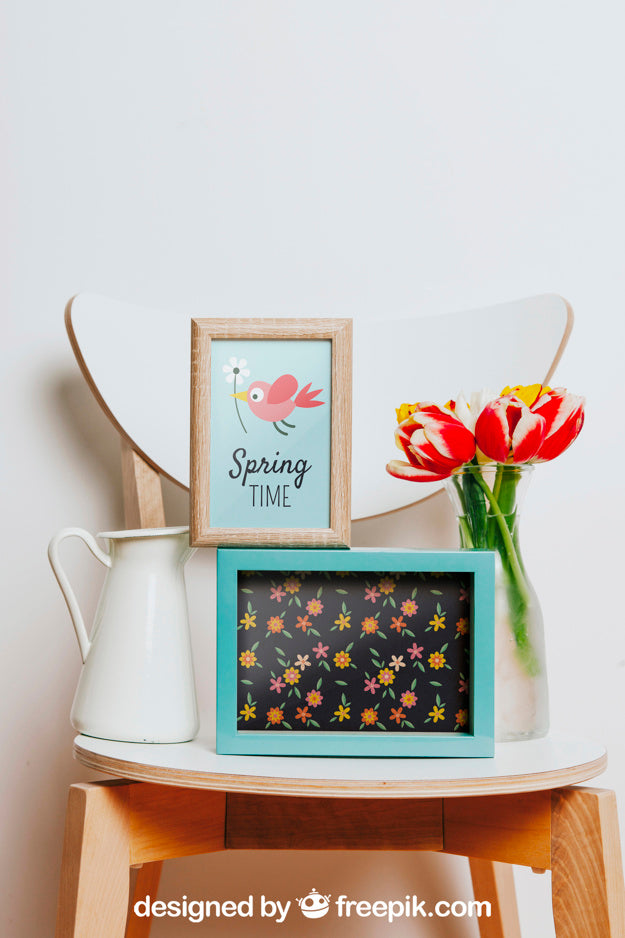 Spring Mockup With Two Frames Over Chair Psd