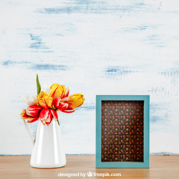 Spring Mockup With Vertical Frame And Vase Of Flowers Psd