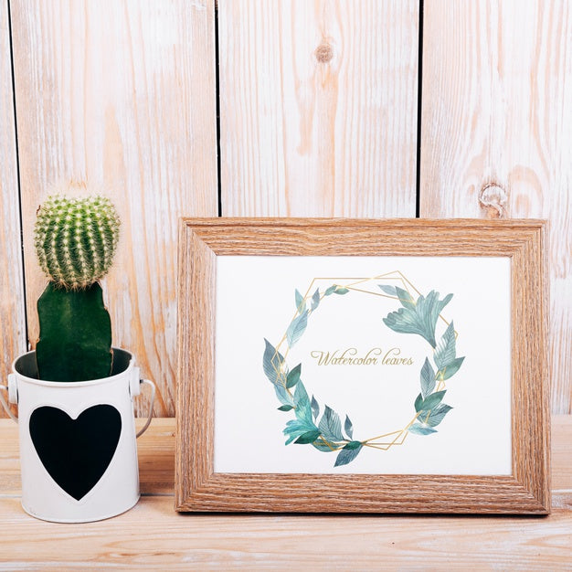 Spring Mockup With Wooden Frame And Cactus Psd