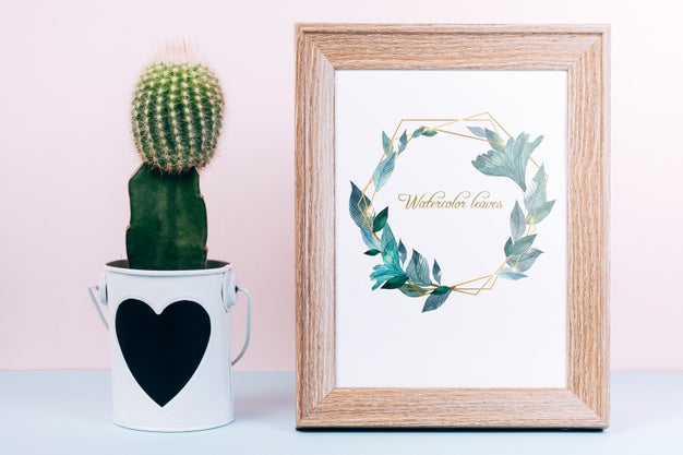 Spring Mockup With Wooden Frame And Cactus Psd