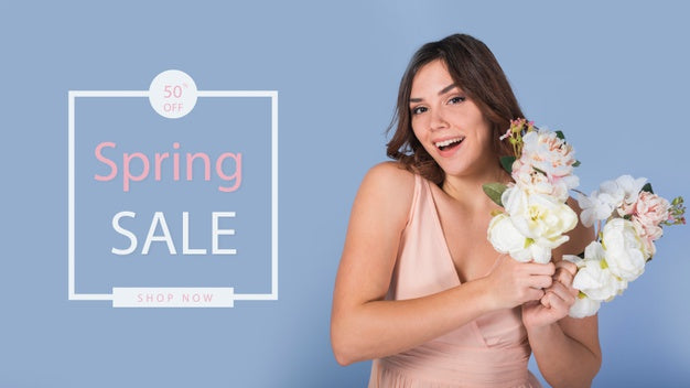 Spring Sale Mockup With Stylish Woman Psd