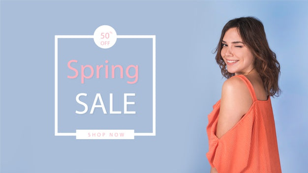 Spring Sale Mockup With Stylish Woman Psd