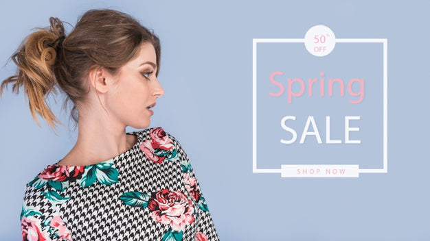 Spring Sale Mockup With Stylish Woman Psd
