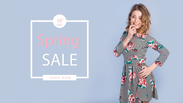 Spring Sale Mockup With Stylish Woman Psd