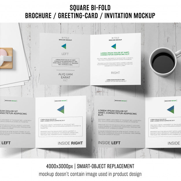 Square Bi-Fold Brochure Or Greeting Card Mockup Of Three With Coffee Psd