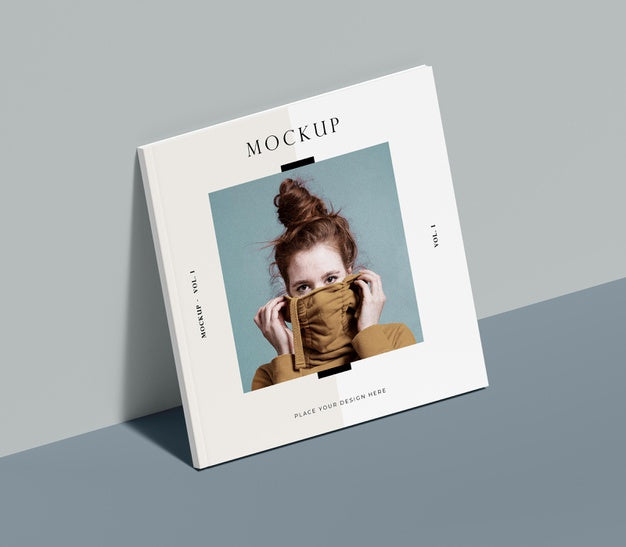 Square Book With Woman Editorial Magazine Mock-Up Leaning On The Wall Psd