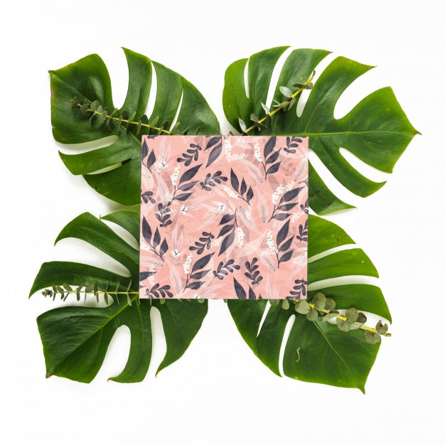 Square Card Mockup With Tropical Leaves Psd