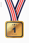 Square Competition Medal With Ribbon Mockup, Close Up Psd