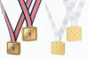 Square Competition Medals With Ribbon Mockup Psd