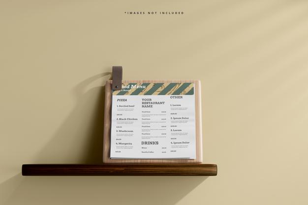 Square Food Menu On A Wooden Board Mockup On A Shelf Psd