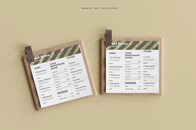 Square Food Menus On A Wooden Board Mockup Psd