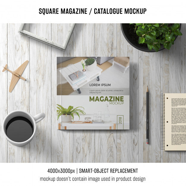 Square Magazine Or Catalogue Mockup With Coffee Psd