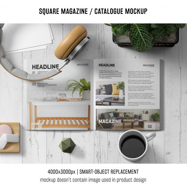 Square Magazine Or Catalogue Mockup With Headphones And Coffee Psd