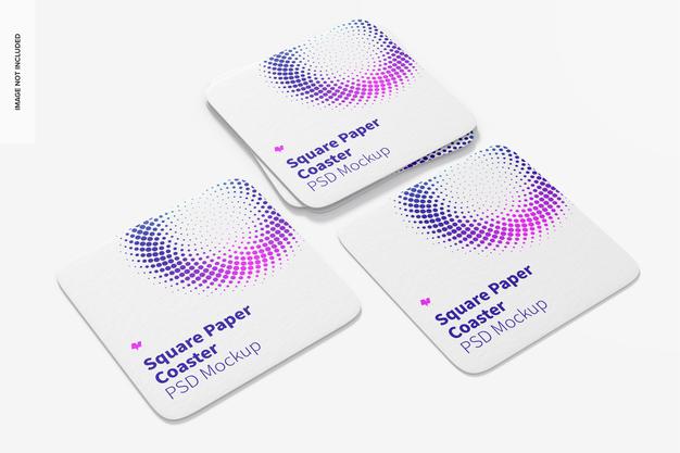Square Paper Coasters Mockup, Perspective Psd