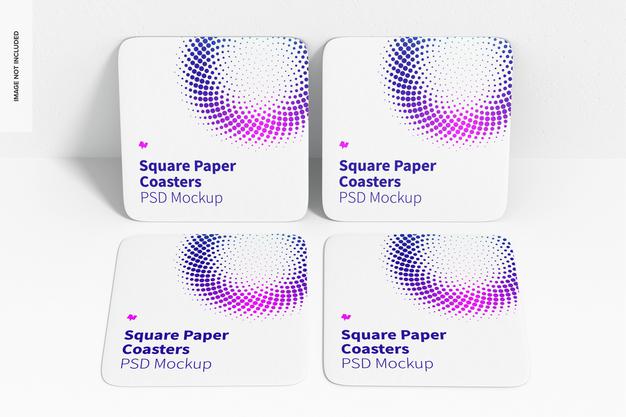 Square Paper Coasters With Mug Mockup Psd