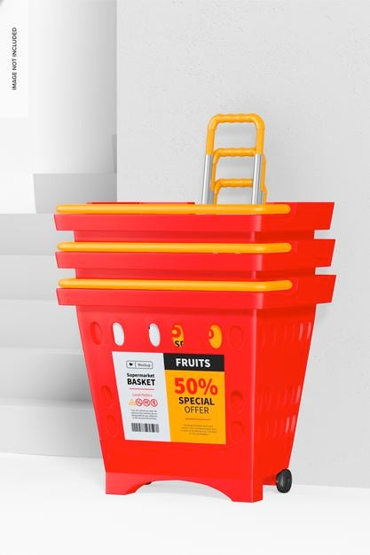 Square Supermarket Basket Mockup, Stacked Psd