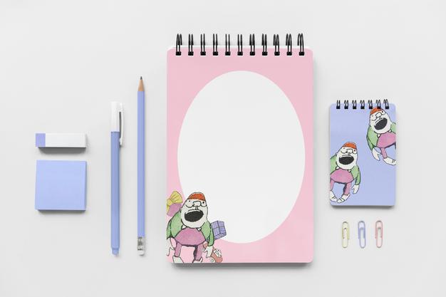 Stationery Mockup Set With Cartoon Illustration Psd