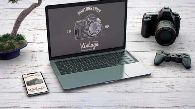 Stationery Mockup With Photography Concept And Devices Psd