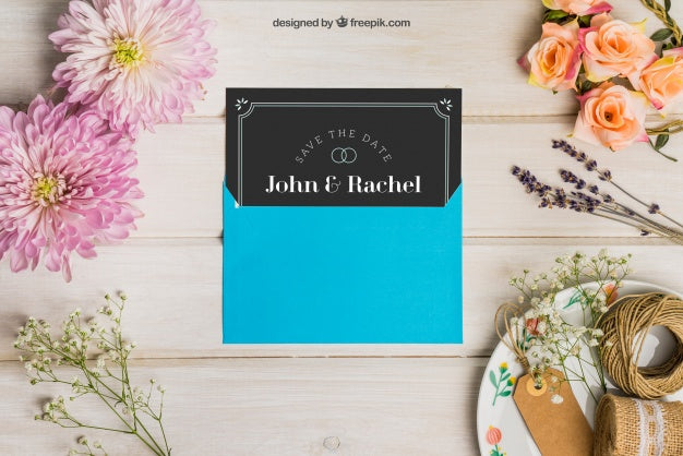 Stationery Wedding Mockup With Blue Envelope Psd