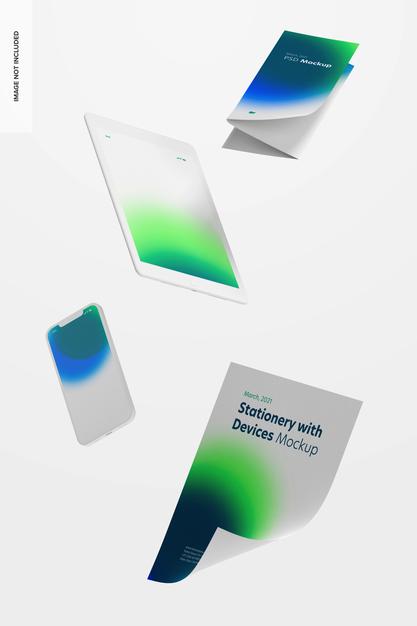 Stationery With Devices Mockup, Floating Psd